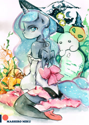 Size: 2409x3385 | Tagged: safe, artist:mashiromiku, princess luna, alicorn, anthro, clothes, costume, halloween, halloween costume, holiday, patreon, patreon logo, traditional art, watercolor painting