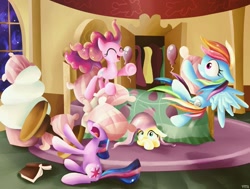 Size: 1029x777 | Tagged: safe, artist:vitafluttershy, derpibooru import, fluttershy, pinkie pie, rainbow dash, twilight sparkle, earth pony, pegasus, pony, balloon, bed, blanket, closet, pillow, pillow fight