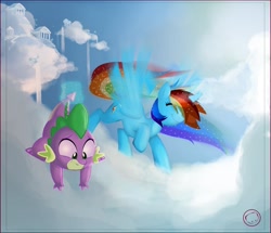 Size: 1500x1292 | Tagged: safe, artist:harumisurya, rainbow dash, spike, alicorn, pony, alicornified, cloud, cloudsdale, cloudy, eyes closed, magic, princess, princessified, race swap, rainbowcorn