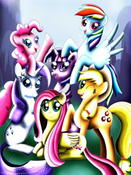 Size: 2700x3600 | Tagged: safe, artist:malami95, derpibooru import, applejack, fluttershy, pinkie pie, rainbow dash, rarity, twilight sparkle, earth pony, pegasus, pony, unicorn, mane six, mane six opening poses, scene interpretation