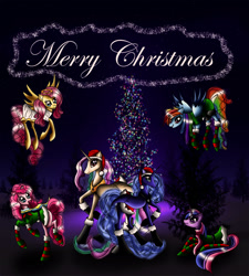 Size: 1000x1111 | Tagged: safe, artist:malami95, derpibooru import, fluttershy, pinkie pie, princess celestia, princess luna, rainbow dash, twilight sparkle, alicorn, earth pony, pegasus, pony, christmas, christmas tree, clothes, socks, striped socks, tree