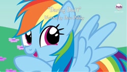 Size: 800x450 | Tagged: safe, rainbow dash, pegasus, pony, daring don't, cute, fake, hub logo, open mouth, smiling, solo