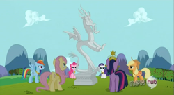 Size: 853x468 | Tagged: safe, derpibooru import, screencap, applejack, discord, fluttershy, pinkie pie, rainbow dash, rarity, twilight sparkle, earth pony, pegasus, pony, unicorn, keep calm and flutter on, big crown thingy, elements of harmony, hub logo, mane six, statue