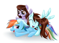 Size: 1024x740 | Tagged: safe, artist:redheadfly, derpibooru import, rainbow dash, oc, oc:karinsuperdraw, oc:linormusicbeat, pegasus, pony, cuddling, cute, hug, request, snuggling