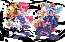 Size: 1373x889 | Tagged: safe, artist:sweetsound, derpibooru import, applejack, derpy hooves, fluttershy, pinkie pie, rainbow dash, rarity, sunset shimmer, twilight sparkle, earth pony, pegasus, pony, unicorn, mane six