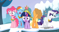 Size: 846x468 | Tagged: safe, derpibooru import, screencap, applejack, pinkie pie, rainbow dash, rarity, twilight sparkle, earth pony, pegasus, pony, unicorn, keep calm and flutter on, elements of harmony, reaction image