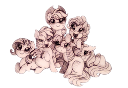 Size: 1115x772 | Tagged: safe, artist:buttersprinkle, derpibooru import, applejack, fluttershy, pinkie pie, rainbow dash, rarity, twilight sparkle, earth pony, pegasus, pony, unicorn, blank flank, cute, mane six, pen drawing, smiling, traditional art, younger