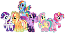 Size: 8480x4310 | Tagged: safe, artist:osipush, derpibooru import, applejack, fluttershy, pinkie pie, rainbow dash, rarity, twilight sparkle, twilight sparkle (alicorn), alicorn, earth pony, pegasus, pony, unicorn, absurd resolution, colored wings, commission, cutie mark magic, female, mane six, mare, multicolored wings, open mouth, rainbow power, rainbow power-ified, rainbow wings, simple background, transparent background, vector, wingding eyes