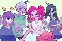 Size: 1819x1228 | Tagged: safe, artist:dusty-munji, limestone pie, marble pie, maud pie, pinkie pie, equestria girls, clothes, cute, dress, equestria girls-ified, female, hair over one eye, hat, microphone, moe, party hat, pie sisters, shirt, siblings, singing, sisters, skirt, sweater