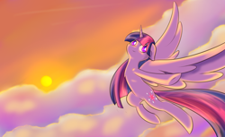 Size: 1024x628 | Tagged: safe, artist:dusthiel, twilight sparkle, twilight sparkle (alicorn), alicorn, pony, cloud, female, flying, mare, solo, sunset