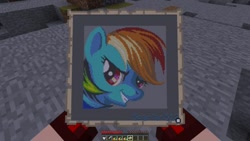 Size: 620x349 | Tagged: safe, artist:spartan512, derpibooru import, rainbow dash, pegasus, pony, 2b2t, bust, game screencap, grin, map, minecraft, minecraft pixel art, pixel art, portrait, solo