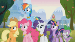 Size: 640x360 | Tagged: safe, derpibooru import, screencap, applejack, pinkie pie, rainbow dash, rarity, spike, twilight sparkle, dragon, earth pony, pegasus, pony, unicorn, keep calm and flutter on, animated, big crown thingy, elements of harmony, loop, necklace, no, nope, perfect loop, reaction image