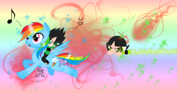 Size: 1024x536 | Tagged: safe, artist:nyanicornyay, derpibooru import, rainbow dash, butch, buttercup (powerpuff girls), riding, the powerpuff girls