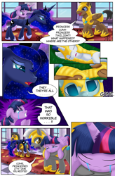 Size: 1800x2740 | Tagged: safe, artist:lifesharbinger, princess luna, twilight sparkle, twilight sparkle (alicorn), alicorn, pegasus, pony, comic:curse and madness, armor, canterlot castle, canterlot castle interior, carpet, carrying, comic, crown, crying, day, female, implied death, jewelry, male, mare, morning, piggyback, regalia, royal guard, sad, speech bubble, stallion, text, tired, wings