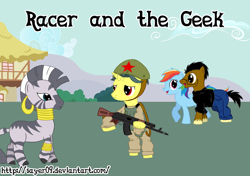 Size: 1024x719 | Tagged: safe, artist:sayer09, rainbow dash, zecora, oc, pegasus, pony, zebra, ak, ak-47, assault rifle, bipedal, brownies, cameo, clothes, cover art, fanfic, gun, racer and the geek, rifle, sunny breeze, uniform, weapon