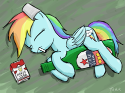 Size: 779x578 | Tagged: safe, artist:mrtankhill, derpibooru import, rainbow dash, pegasus, pony, alcohol, booze, cigarette, food, sleeping, solo