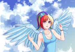 Size: 2000x1385 | Tagged: safe, artist:margony, rainbow dash, human, clothes, cloud, cloudy, eared humanization, humanized, light skin, solo, winged humanization