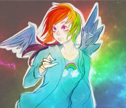 Size: 900x776 | Tagged: safe, artist:prodigymysoul, rainbow dash, human, graphic tee, humanized, light skin, solo, winged humanization