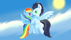 Size: 3072x1728 | Tagged: safe, artist:dusthiel, rainbow dash, soarin', pegasus, pony, cute, female, flying, kissing, male, old cutie mark, shipping, soarindash, straight