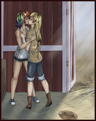 Size: 3670x4622 | Tagged: safe, artist:missangest, derpibooru import, applejack, rainbow dash, appledash, converse, female, humanized, lesbian, rain, shipping, shoes, wet