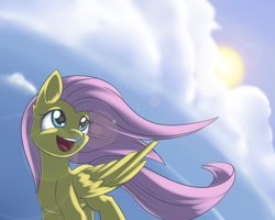 Size: 1024x819 | Tagged: safe, artist:dusthiel, fluttershy, pegasus, pony, cloud, lens flare, solo, sun