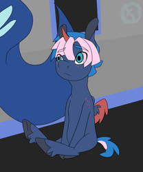 Size: 1239x1489 | Tagged: safe, artist:moonaknight13, princess luna, oc, oc:rory beam, alicorn, pony, alternate universe, carpet, child, freckles, next generation, offspring, parent:oc:cherry boom, parent:princess luna, parents:canon x oc, throne room