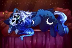 Size: 5939x3921 | Tagged: safe, artist:fluffideer, princess luna, alicorn, pony, :p, absurd resolution, bad anatomy, bed, cute, digital, lunabetes, one eye closed, solo, tongue out