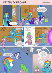 Size: 1024x1434 | Tagged: safe, artist:halflingpony, derpibooru import, rainbow dash, rarity, spike, twilight sparkle, twilight sparkle (alicorn), alicorn, dragon, pegasus, pony, unicorn, comic, conjoined, female, fusion, magic fail, male, mare, spell gone wrong, we have become one