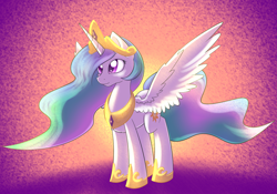 Size: 1024x715 | Tagged: safe, artist:dusthiel, princess celestia, alicorn, pony, crown, female, horn, mare, multicolored mane, multicolored tail, solo, white coat, white wings, wings