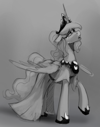 Size: 533x681 | Tagged: safe, artist:anticular, princess luna, alicorn, pony, clothes, crying, dress, female, floppy ears, grayscale, mare, monochrome, sad, solo