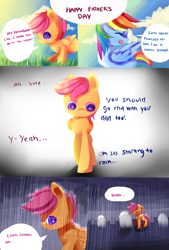 Size: 2500x3700 | Tagged: safe, artist:aquagalaxy, rainbow dash, scootaloo, pegasus, pony, comic, grave, rain