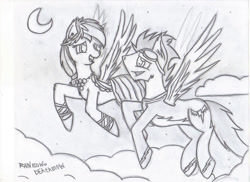 Size: 1024x744 | Tagged: safe, artist:rainbow-deathblow, rainbow dash, soarin', pegasus, pony, female, flying, male, monochrome, shipping, soarindash, straight, traditional art