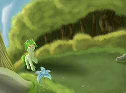 Size: 1024x759 | Tagged: safe, artist:dusthiel, oc, oc only, oc:dust wind, flower, forest, solo