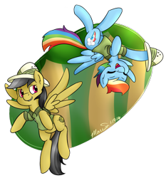 Size: 1124x1208 | Tagged: safe, artist:melodicmarzipan, derpibooru import, daring do, rainbow dash, pegasus, pony, clothes, cosplay, costume, flying, simple background, transparent background, tree, upside down