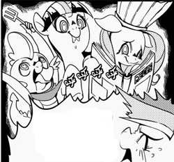 Size: 429x399 | Tagged: safe, artist:sung and ama, fluttershy, rainbow dash, spike, twilight sparkle, dragon, pegasus, pony, female, implied cannibalism, kitchen eyes, male, mare, monochrome