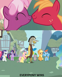 Size: 621x774 | Tagged: safe, derpibooru import, edit, edited screencap, screencap, applejack, big macintosh, cheerilee, discord, fluttershy, rainbow dash, rarity, spike, twilight sparkle, dragon, earth pony, pegasus, pony, unicorn, hearts and hooves day (episode), keep calm and flutter on, caption, cheerimac, discoshy, hearts and hooves day, male, mane seven, mane six, shipping, stallion, straight