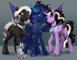 Size: 2310x1785 | Tagged: safe, artist:silfoe, princess luna, twilight sparkle, twilight sparkle (alicorn), oc, oc:scrivener blooms, alicorn, pony, fanfic:blooming moon chronicles/99 worlds saga, alternate design, author:blackroseraven, cloven hooves, commission, fanfic art, gauntlet, implied shipping, polyamory, scar