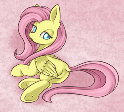 Size: 1024x930 | Tagged: safe, artist:dusthiel, fluttershy, pegasus, pony, :p, bedroom eyes, colored pupils, cute, dock, ear fluff, featureless crotch, female, flutterbutt, folded wings, lidded eyes, looking at you, looking back, lying down, mare, on side, pink background, plot, sexy, shyabetes, simple background, solo, teasing, tongue out, underhoof