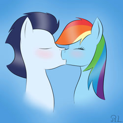 Size: 2000x2000 | Tagged: safe, artist:rainbowline001, derpibooru import, rainbow dash, soarin', pegasus, pony, blushing, bust, female, kissing, male, shipping, soarindash, straight