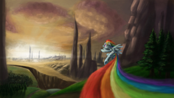 Size: 1920x1080 | Tagged: safe, artist:xx-mr-no-name-xx, derpibooru import, rainbow dash, pegasus, pony, flying, rainbow trail, scenery, solo, sunset