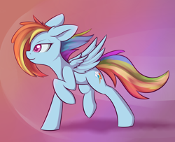 Size: 1024x831 | Tagged: safe, artist:dusthiel, rainbow dash, pegasus, pony, backwards cutie mark, colored pupils, female, gradient background, mare, raised leg, smiling, solo