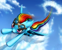 Size: 1057x841 | Tagged: safe, artist:artoki, rainbow dash, pegasus, pony, cloud, cloudy, flying, goggles, solo, trail