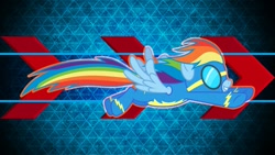 Size: 1191x670 | Tagged: safe, artist:laszlvfx, artist:reginault, derpibooru import, edit, rainbow dash, pegasus, pony, female, flying, goggles, mare, smiling, solo, vector, wallpaper, wallpaper edit, wonderbolts uniform