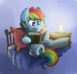 Size: 1600x1546 | Tagged: safe, artist:saxopi, derpibooru import, rainbow dash, pegasus, pony, bed, candle, reading, solo, underhoof