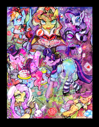 Size: 694x888 | Tagged: safe, artist:onofuji, derpibooru import, angel bunny, applejack, fluttershy, maud pie, pinkie pie, rainbow dash, rarity, sunset shimmer, twilight sparkle, butterfly, caterpillar, earth pony, pegasus, pony, unicorn, alice in wonderland, cake, cheshire cat, crossover, dormouse, flower, food, mad hatter, mushroom, playing card, red queen, rose, tea, thorns, watch, white rabbit