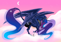 Size: 3382x2372 | Tagged: safe, artist:teabee-art, princess luna, alicorn, pony, cloud, hoers, leonine tail, sky