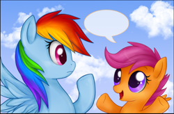 Size: 600x393 | Tagged: safe, artist:mn27, rainbow dash, scootaloo, pegasus, pony, blue coat, female, mare, multicolored mane