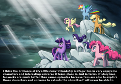 Size: 1000x696 | Tagged: safe, artist:johnjoseco, derpibooru import, applejack, fluttershy, pinkie pie, rainbow dash, rarity, twilight sparkle, earth pony, pegasus, pony, unicorn, discussion, mane six, meta, pose as a team 'cause shit just got real, text