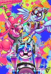 Size: 1350x1950 | Tagged: safe, artist:paradigmpizza, derpibooru import, dj pon-3, pinkie pie, rainbow dash, vinyl scratch, earth pony, pegasus, pony, unicorn, aviator goggles, forge, goggles, killer wail, range blaster, snorkel, splash mob, splat roller, splatoon, tentatek