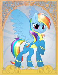 Size: 638x825 | Tagged: safe, artist:dinkelion, derpibooru import, rainbow dash, pegasus, pony, modern art, nouveau, solo, spread wings, wings, wonderbolts uniform